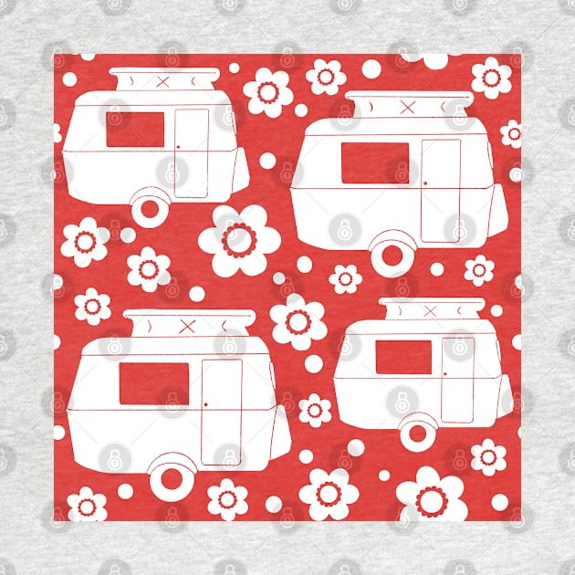 Daisy Polka Dot Vintage Caravan Pattern in Red and White by NattyDesigns